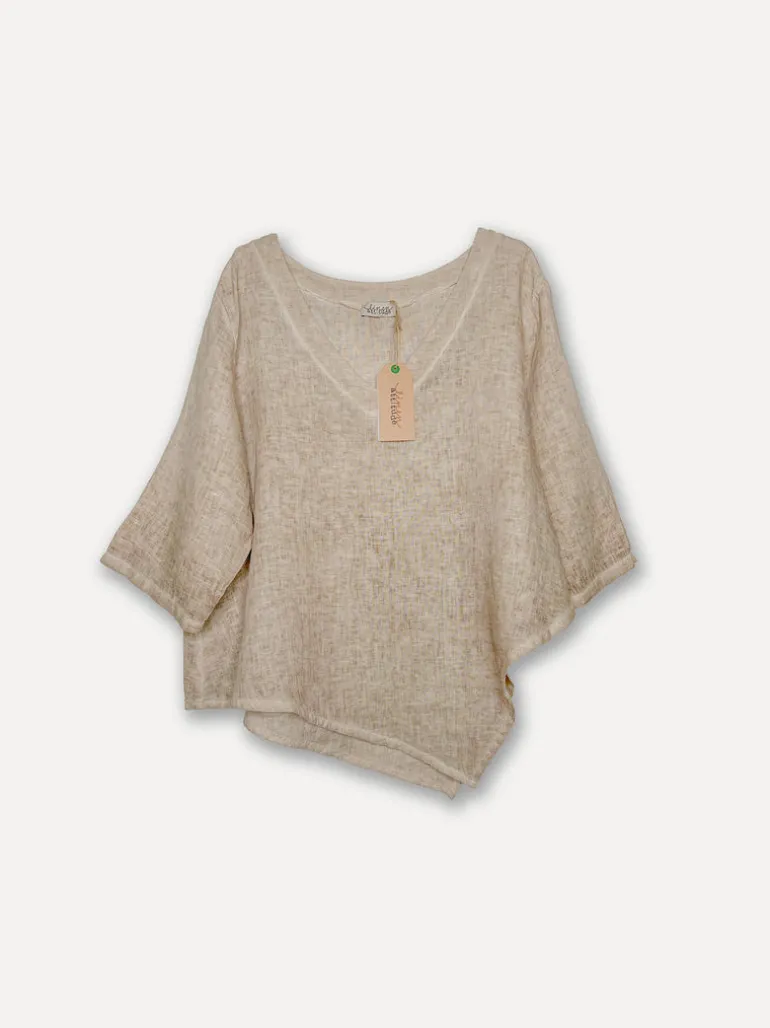 Attitude V-Neck Fancy Linen Blouse, Washed Cashmere