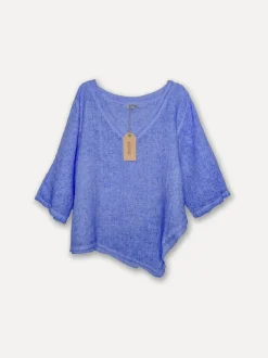 Attitude V-Neck Fancy Linen Blouse, Washed Slate Blue