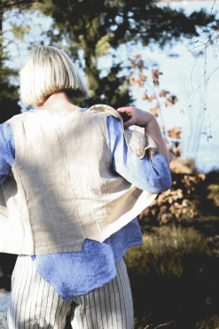 Attitude V-Neck Fancy Linen Blouse, Washed Slate Blue