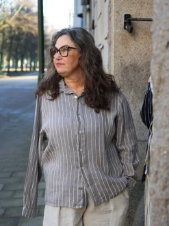 Boyfriend Attitude Stripe Linen Shirt, Taupe