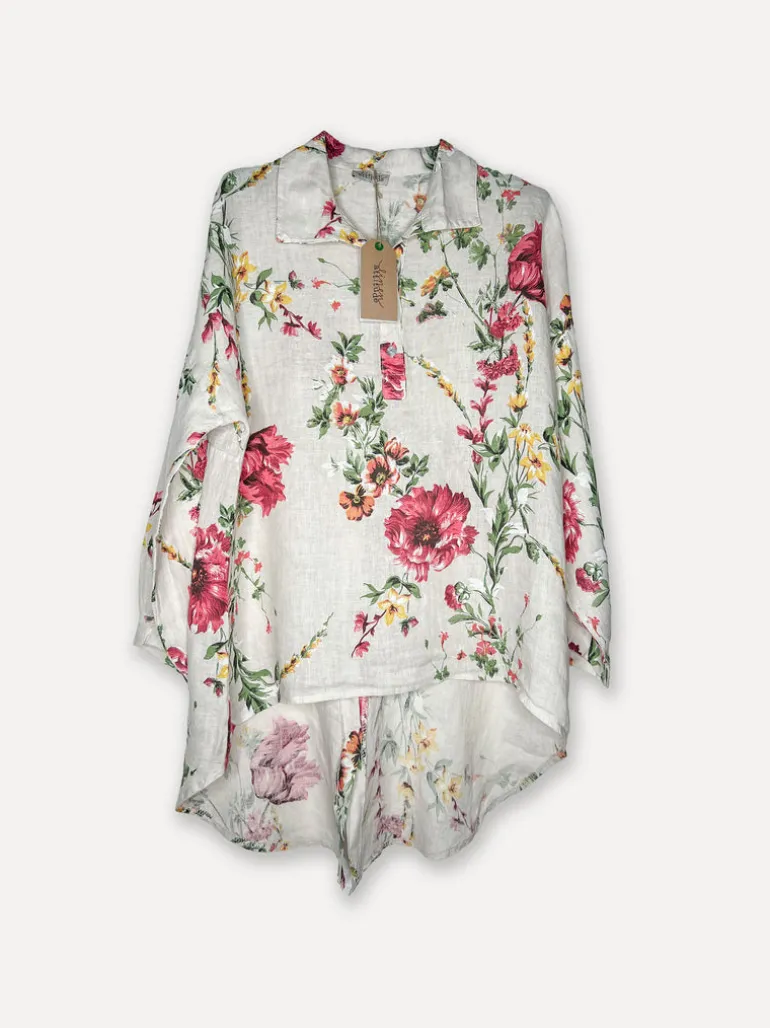 Daisy Attitude Flowery Linen Blouse, Beige
