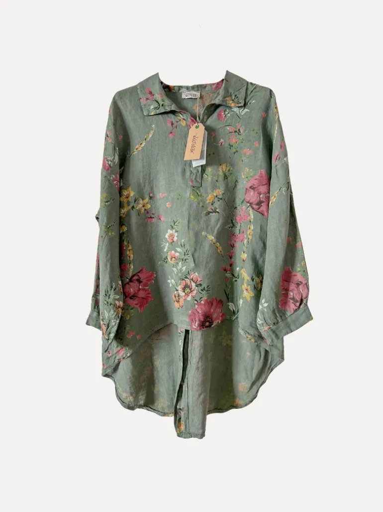 Daisy Attitude Flowery Linen Blouse, Army