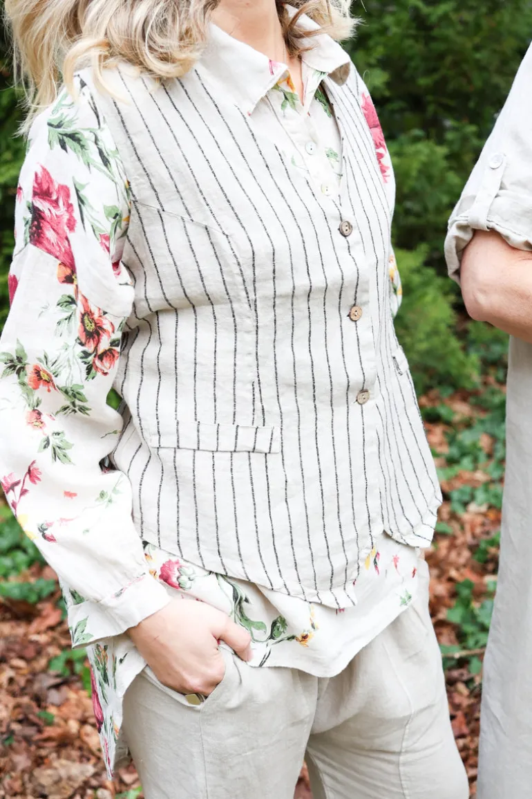 Daisy Attitude Flowery Linen Blouse, Beige