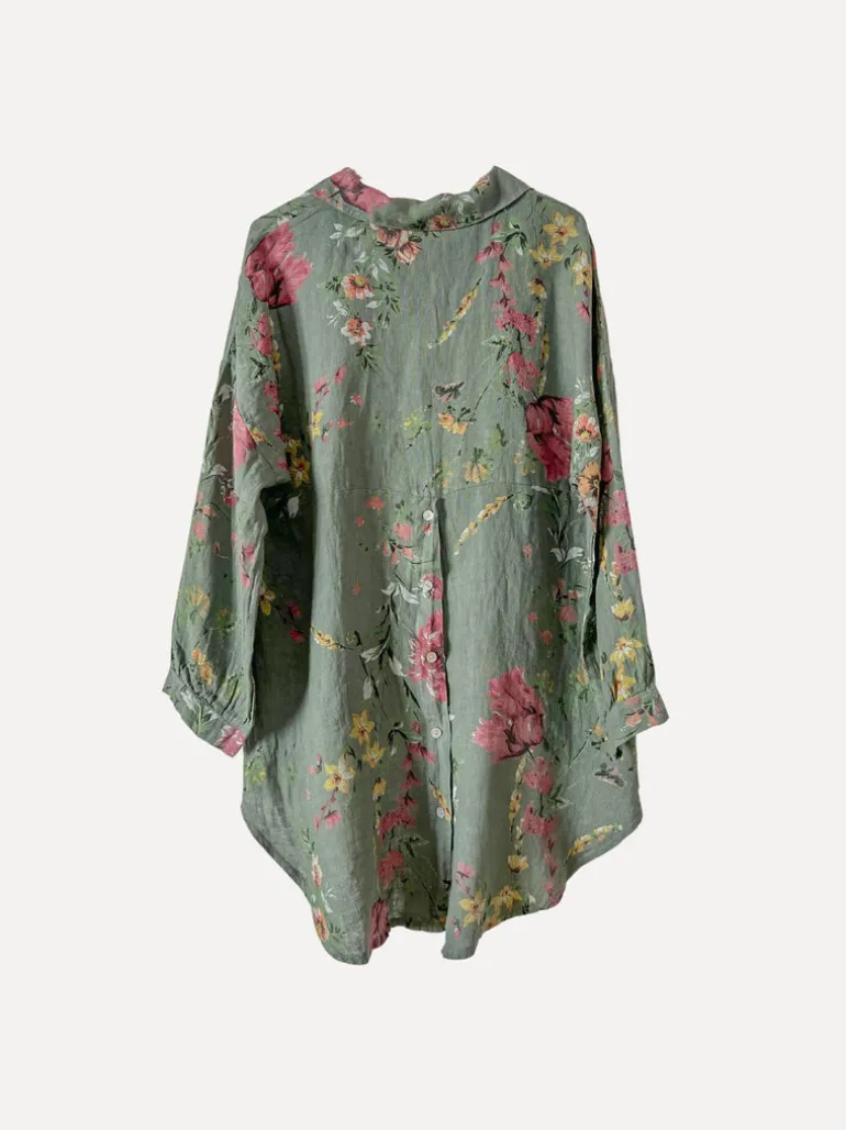 Daisy Attitude Flowery Linen Blouse, Army