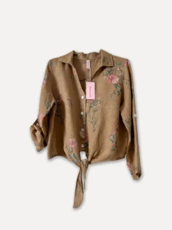 Flowery Beach Princess Linen Blouse, Castagno
