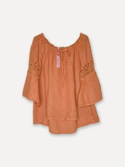 Lace Romance Linen Blouse, Sepia Brown