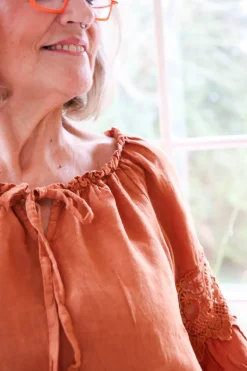 Lace Romance Linen Blouse, Sepia Brown