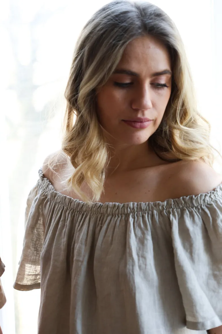 3429 Off-Shoulder Dress, Beige