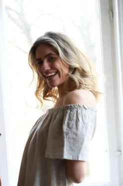 3429 Off-Shoulder Dress, Beige