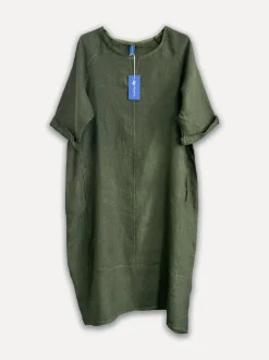 Perla Winter Linen Dress, Dark Green