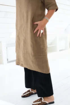 Perla Winter Linen Dress, Dark Taupe
