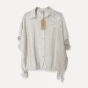Striped Flower Attitude Linen Blouse, Beige