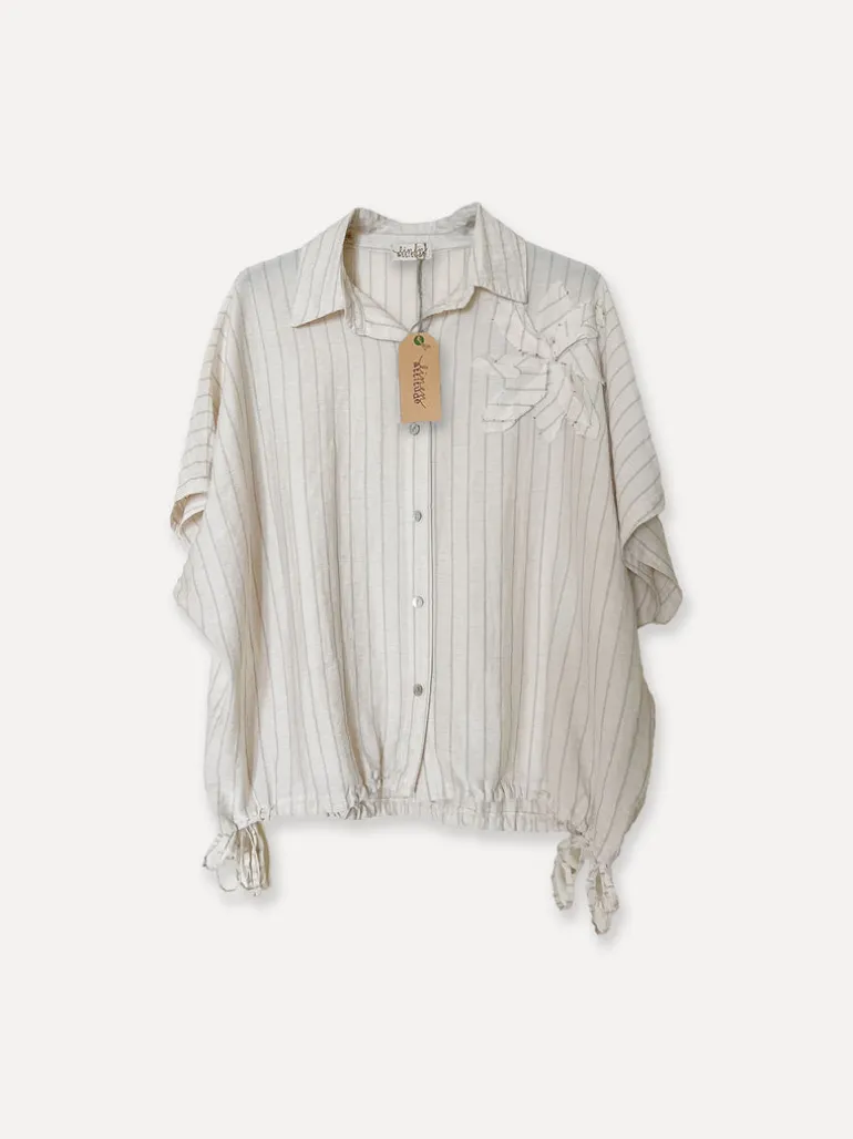 Striped Flower Attitude Linen Blouse, Beige
