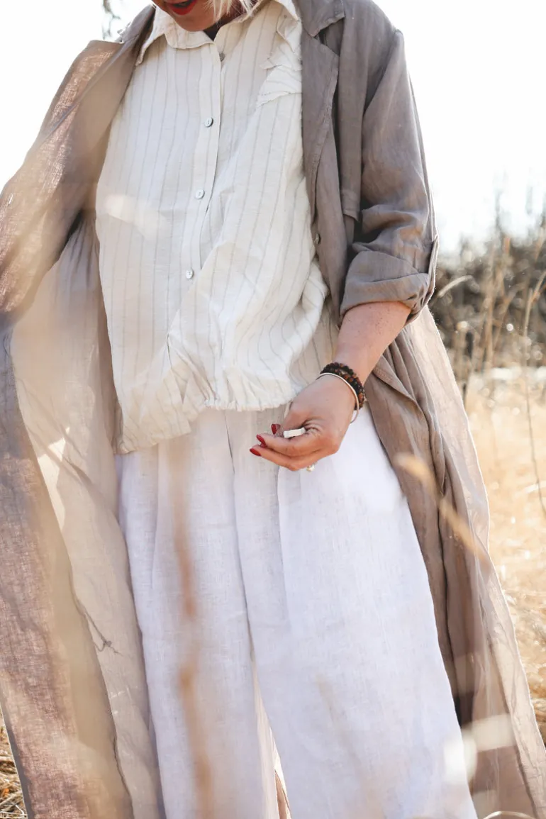 Striped Flower Attitude Linen Blouse, Beige