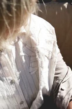 Striped Flower Attitude Linen Blouse, Beige