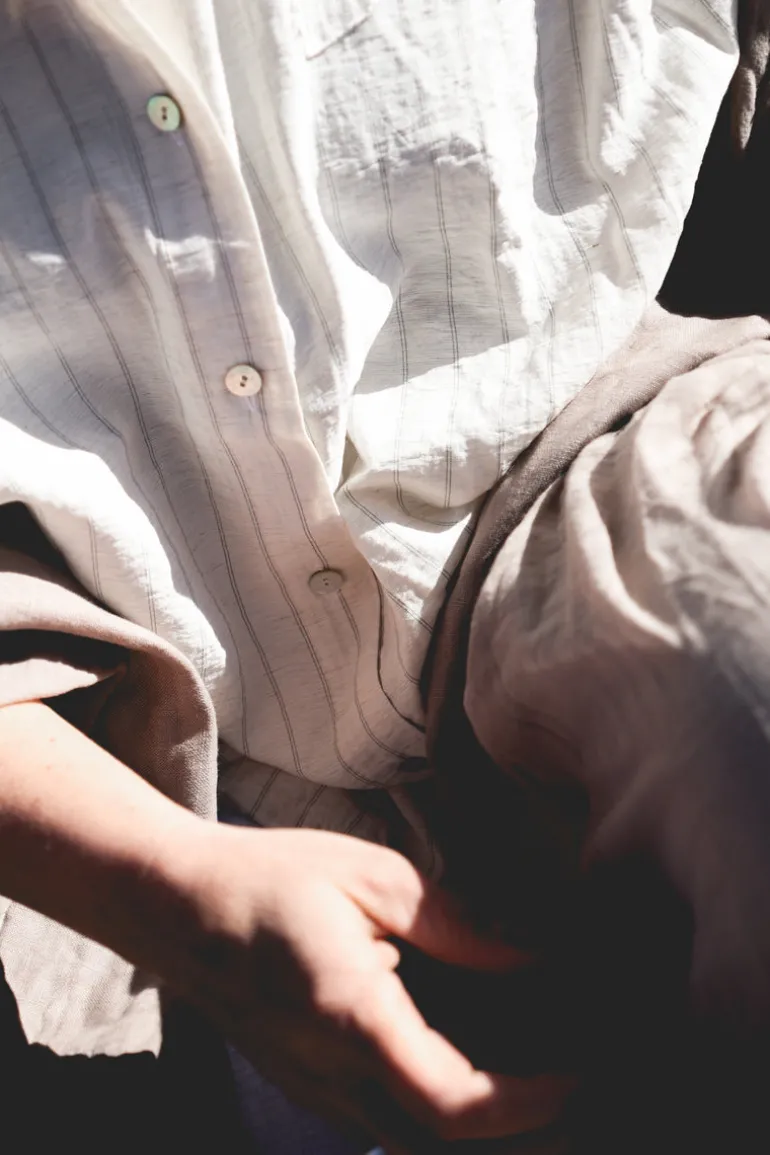 Striped Flower Attitude Linen Blouse, Beige