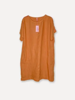 Striped Shoulder Linen Dress, Sepia Brown