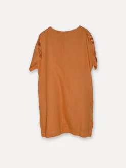 Striped Shoulder Linen Dress, Sepia Brown